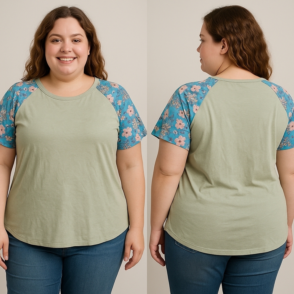 Women’s Raglan Sleeve Top – Size XXL New Sage Floral